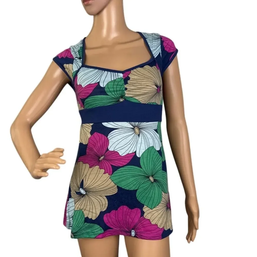 Charlotte Russe Y2K Floral Empire Waist Tunic Top Tie Back Stretch Size M Boho - Picture 2 of 8